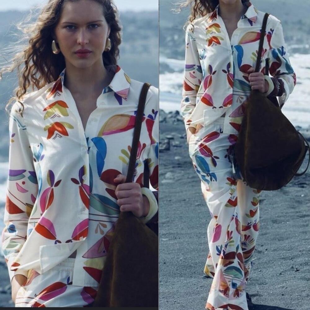 Zara Cream Printed Poplin Shirt and Wide Leg Pants Set Small - Picture 1 of 12